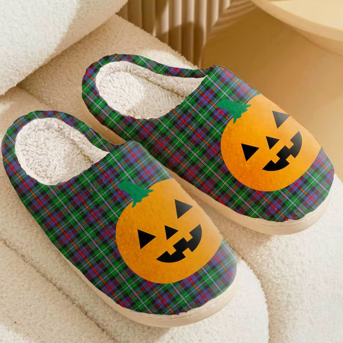 Clan Calder Tartan Halloween Pumpkin Slippers, Fluffy Spooky Slippers XV34 Calder Tartan Tartan Halloween   