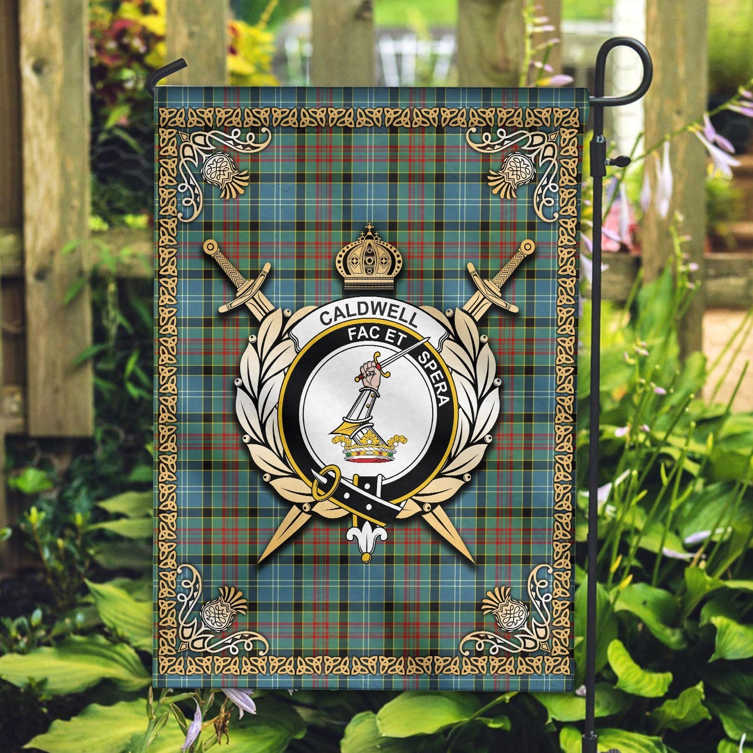 Clan Caldwell Tartan Crest Garden Flag  - Celtic Thistle  GD13 Clan Hall Tartan Today   