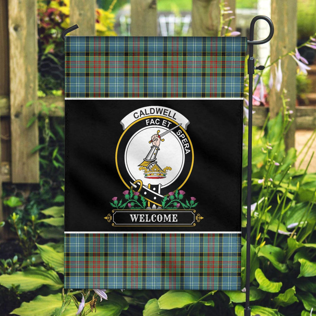 Clan Caldwell Tartan Crest Garden Flag  - Welcome  FV36 Clan Hall Tartan Today   