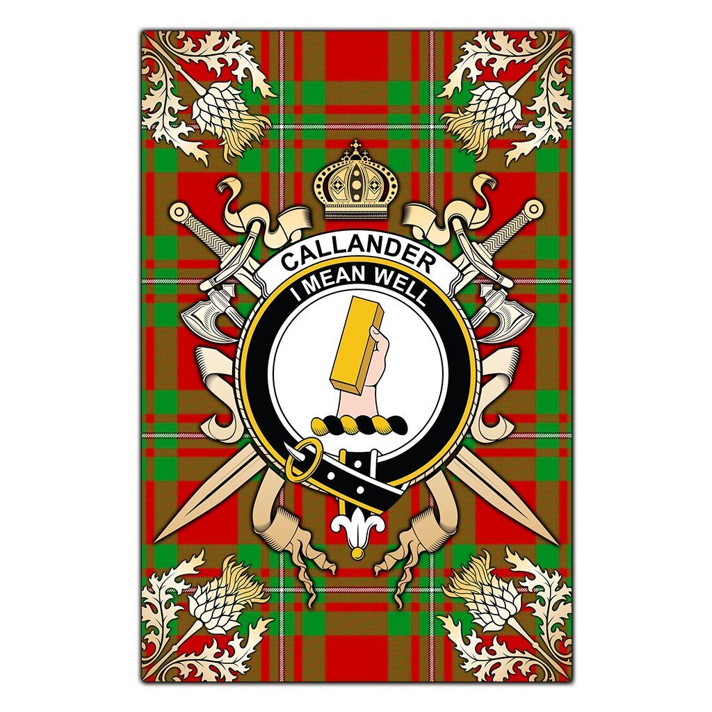 Clan Callander Modern Tartan Crest Black Garden Flag  - Gold Thistle  RH76 Clan Callander Tartan Today   