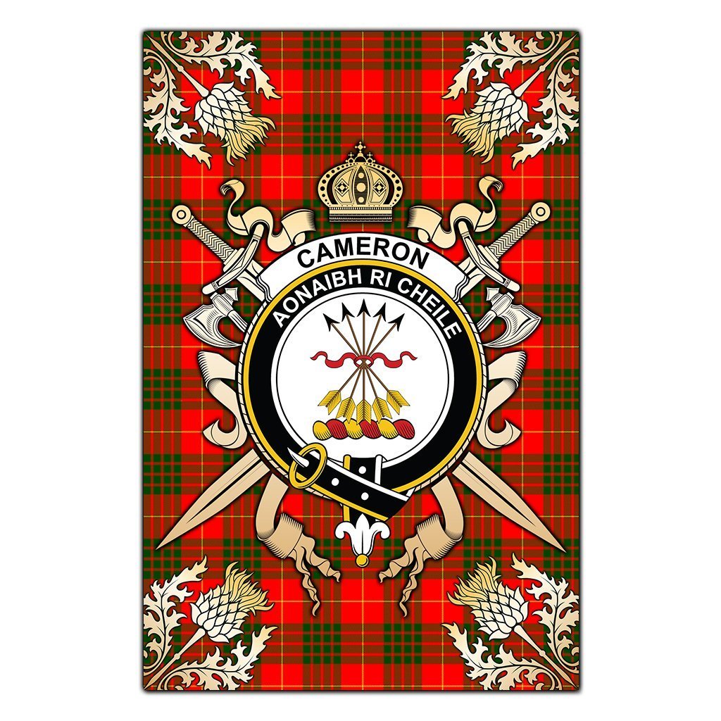 Clan Cameron Modern Tartan Crest Black Garden Flag  - Gold Thistle  YY16 Clan Cameron Tartan Today   