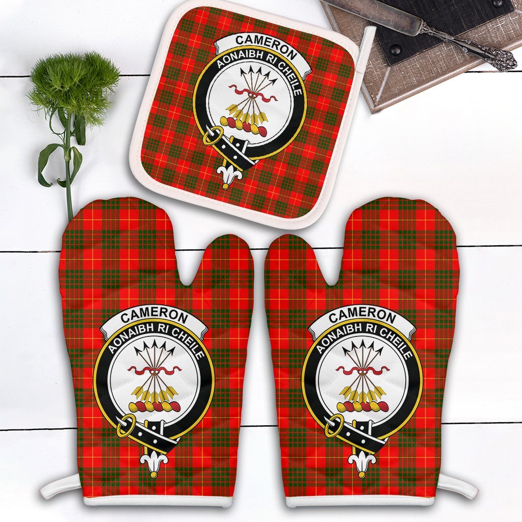 Clan Cameron Modern Tartan Crest Oven Mitt And Pot Holder (2 Oven Mitts + 1 Pot Holder) OK17 Clan Cameron Tartan Today   