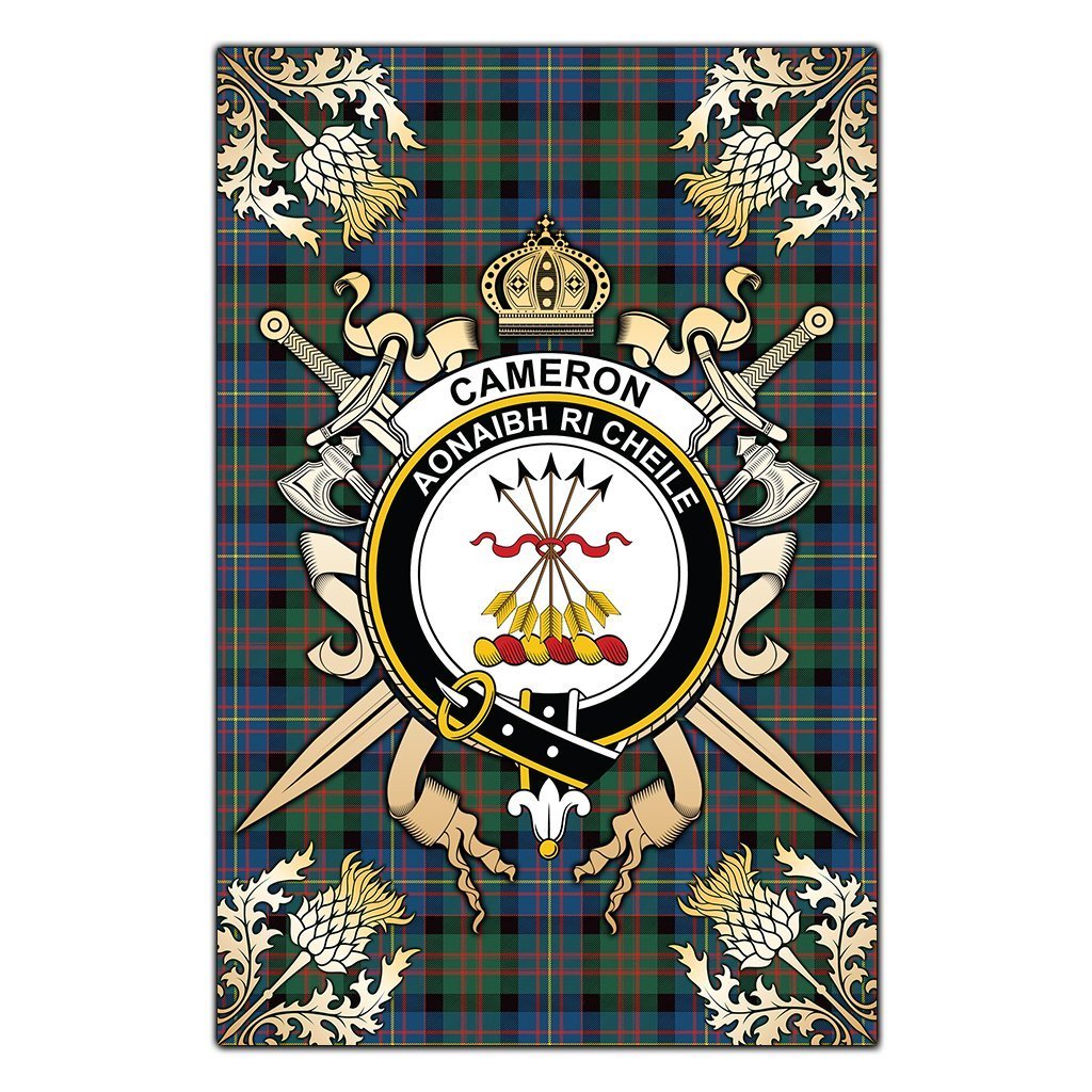 Clan Cameron Of Erracht Ancient Tartan Crest Black Garden Flag  - Gold Thistle  QE83 Clan Cameron Tartan Today   