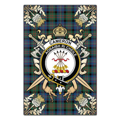 Clan Cameron Of Erracht Ancient Tartan Crest Black Garden Flag  - Gold Thistle  QE83 Clan Cameron Tartan Today   