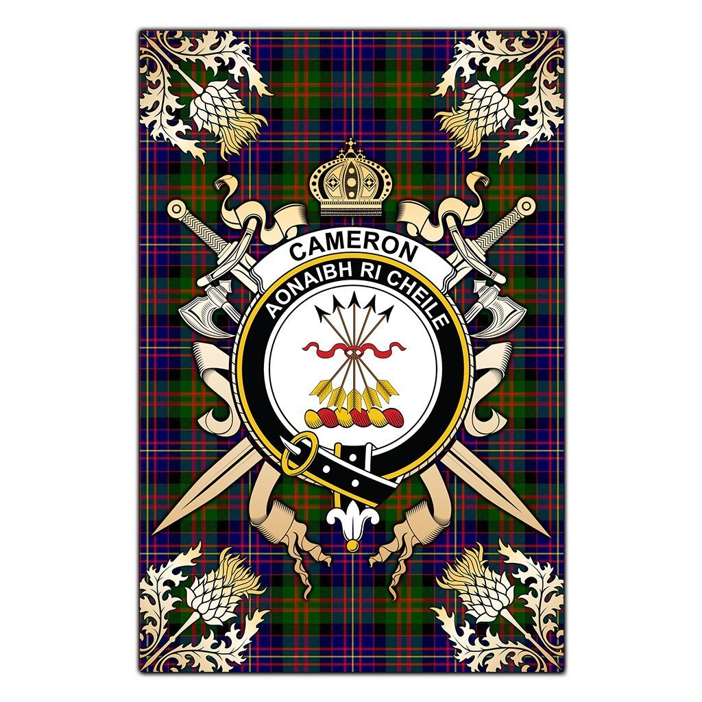 Clan Cameron Of Erracht Modern Tartan Crest Black Garden Flag  - Gold Thistle  YB11 Clan Cameron Tartan Today   