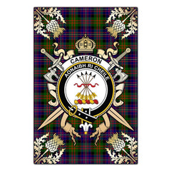 Clan Cameron Of Erracht Modern Tartan Crest Black Garden Flag  - Gold Thistle  YB11 Clan Cameron Tartan Today   