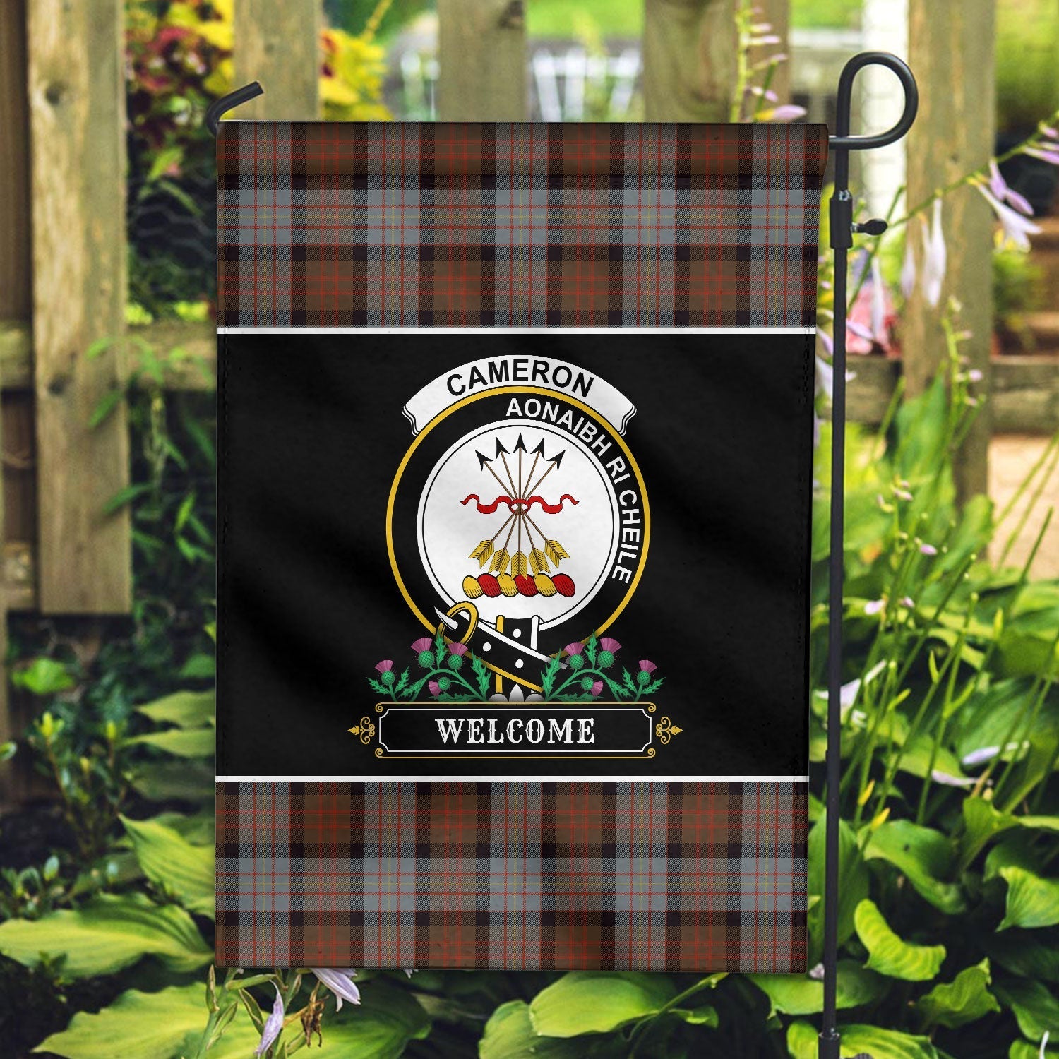 Clan Cameron of Erracht Weathered Tartan Crest Garden Flag  - Welcome  VT82 Clan Cameron Tartan Today   