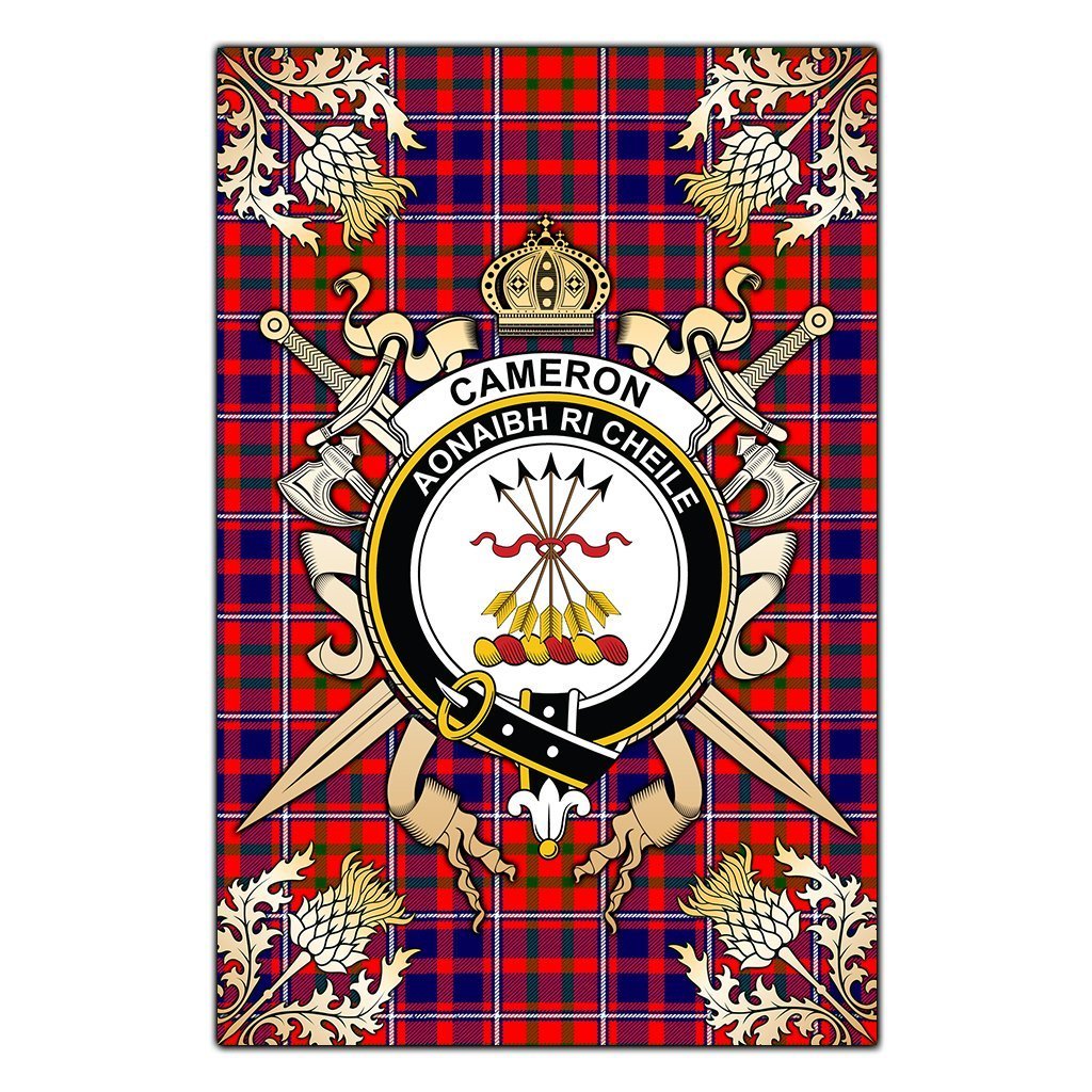 Clan Cameron Of Lochiel Modern Tartan Crest Black Garden Flag  - Gold Thistle  TN48 Clan Cameron Tartan Today   