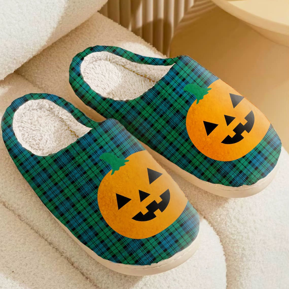 Clan Campbell Ancient Tartan Halloween Pumpkin Slippers, Fluffy Spooky Slippers XV53 Campbell Ancient Tartan Tartan Halloween   