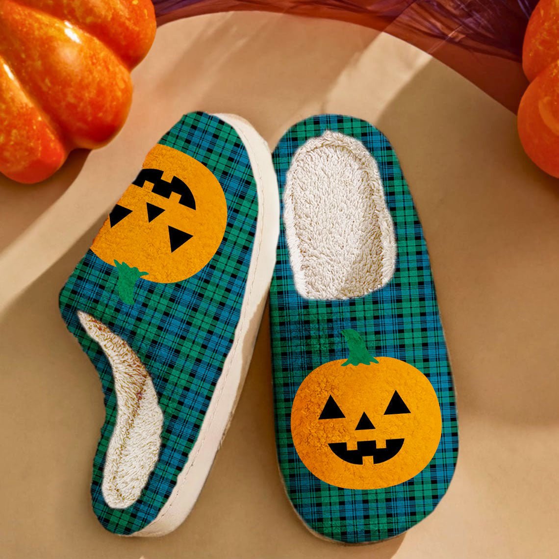 Clan Campbell Ancient Tartan Halloween Pumpkin Slippers, Fluffy Spooky Slippers XV53 Campbell Ancient Tartan Tartan Halloween   