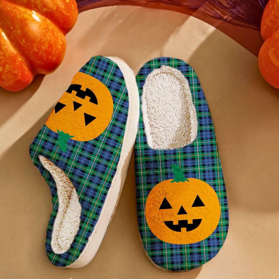 Clan Campbell Argyll Ancient Tartan Halloween Pumpkin Slippers, Fluffy Spooky Slippers ZR24 Campbell Argyll Ancient Tartan Tartan Halloween   