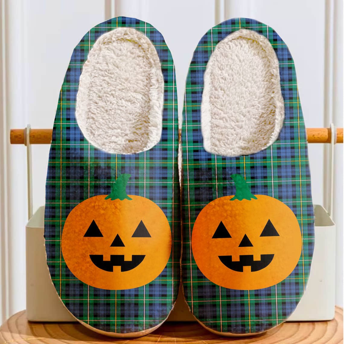 Clan Campbell Argyll Ancient Tartan Halloween Pumpkin Slippers, Fluffy Spooky Slippers ZR24 Campbell Argyll Ancient Tartan Tartan Halloween   