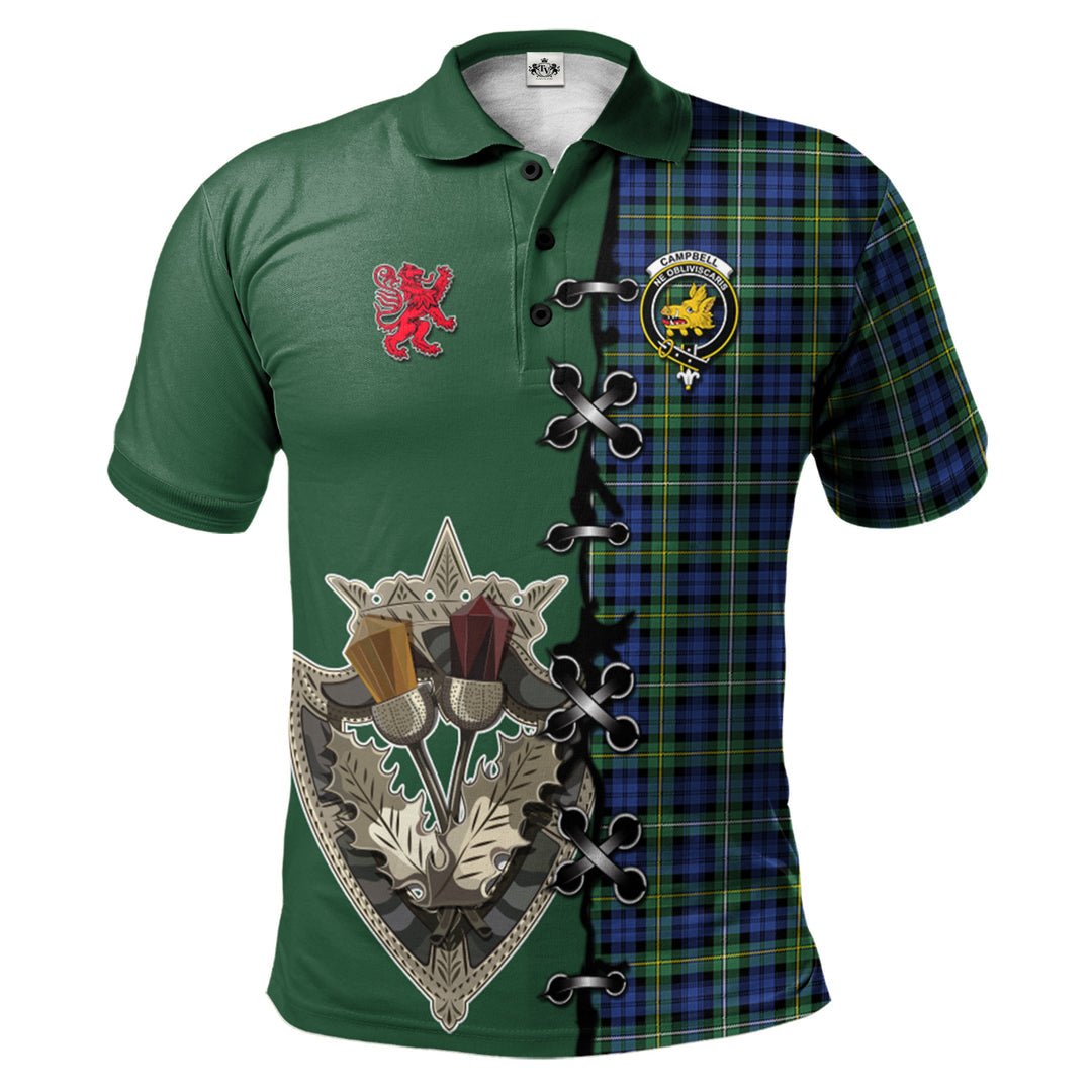 Clan Campbell Argyll Ancient Tartan Polo Shirt - Lion Rampant And Celtic Thistle Style AM59 Campbell Argyll Ancient Tartan Tartan Polo   