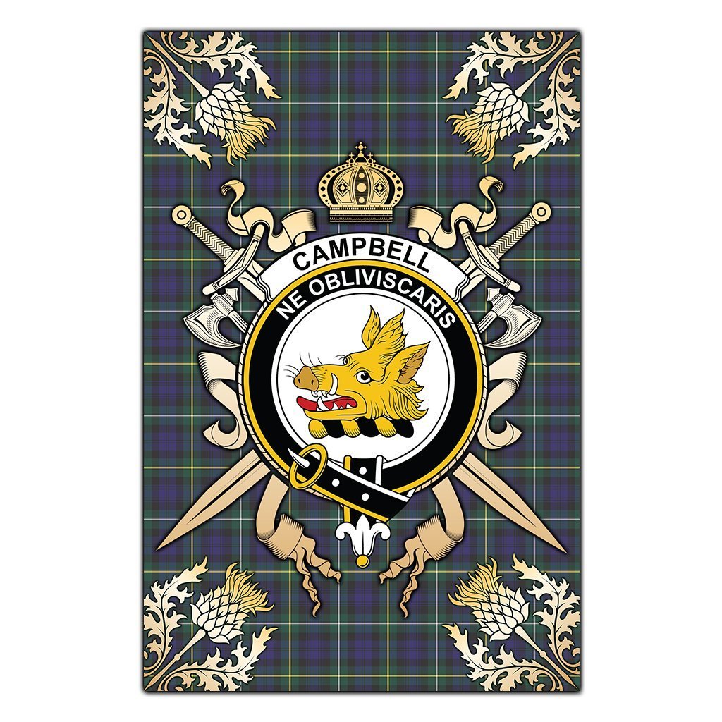 Clan Campbell Argyll Modern Tartan Crest Black Garden Flag  - Gold Thistle  CD51 Clan Campbell Tartan Today   