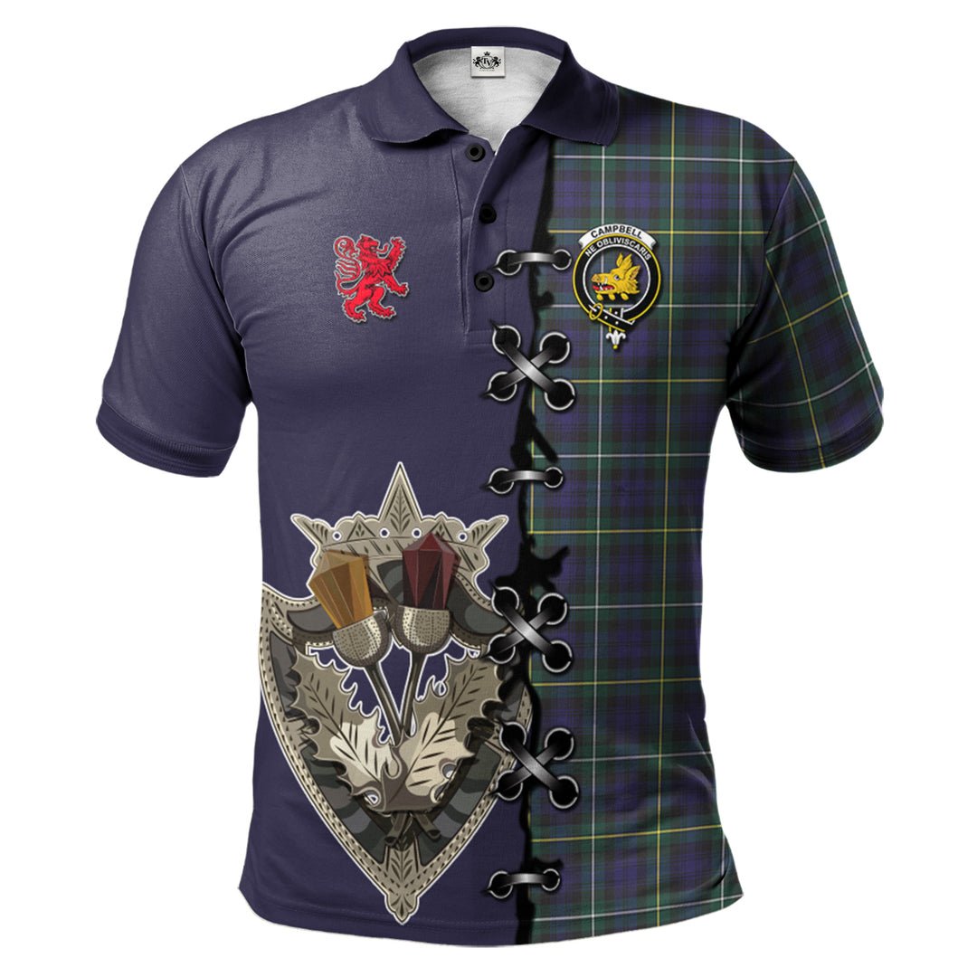 Clan Campbell Argyll Modern Tartan Polo Shirt - Lion Rampant And Celtic Thistle Style BQ52 Campbell Argyll Modern Tartan Tartan Polo   