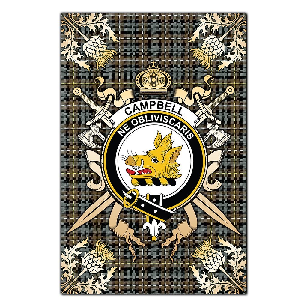 Clan Campbell Argyll Weathered Tartan Crest Black Garden Flag  - Gold Thistle  QC45 Clan Campbell Tartan Today   