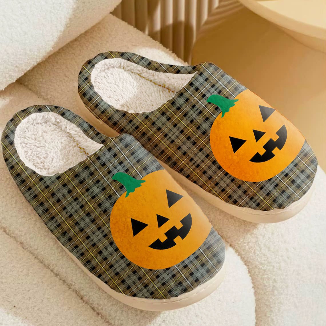 Clan Campbell Argyll Weathered Tartan Halloween Pumpkin Slippers, Fluffy Spooky Slippers NG97 Campbell Argyll Weathered Tartan Tartan Halloween   