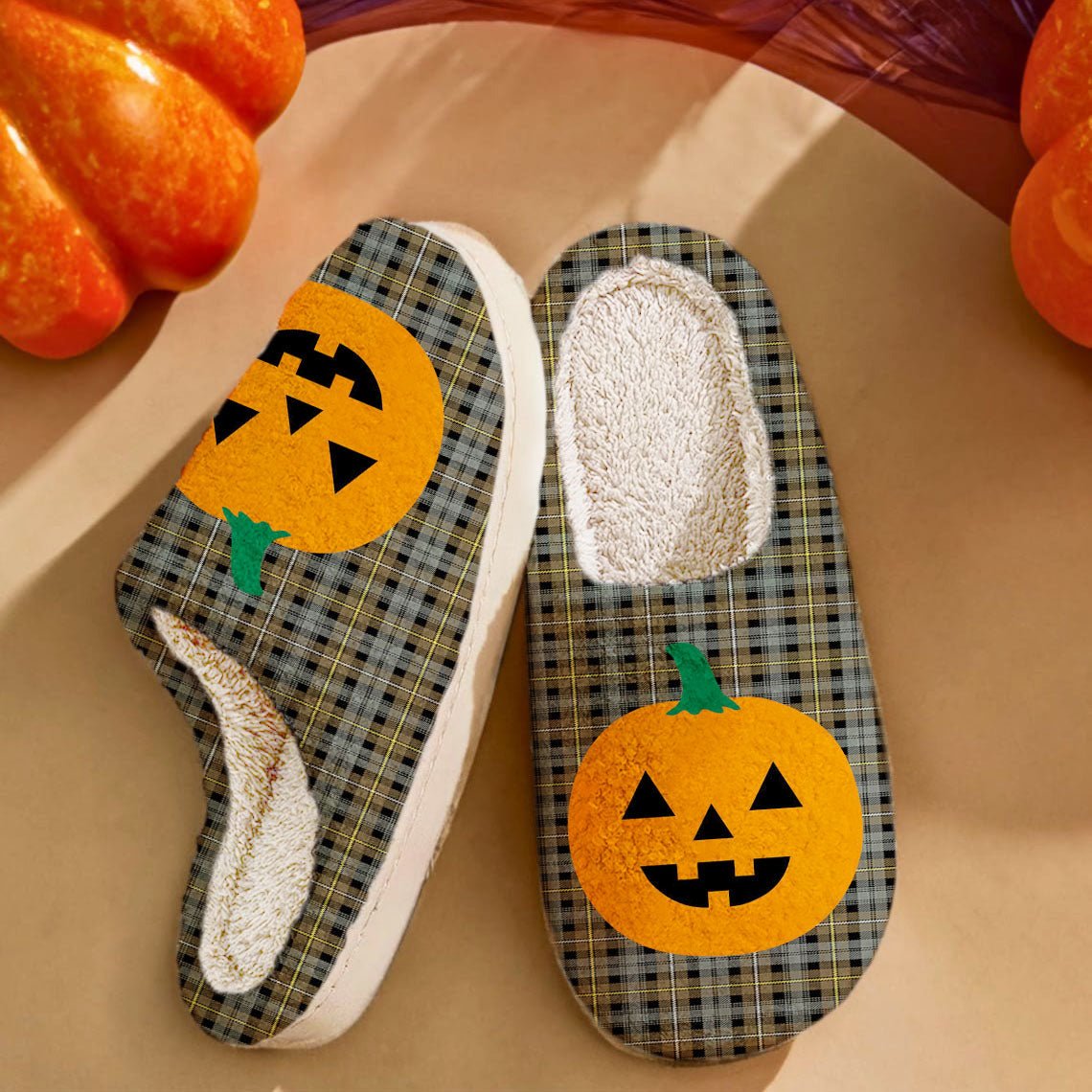 Clan Campbell Argyll Weathered Tartan Halloween Pumpkin Slippers, Fluffy Spooky Slippers NG97 Campbell Argyll Weathered Tartan Tartan Halloween   