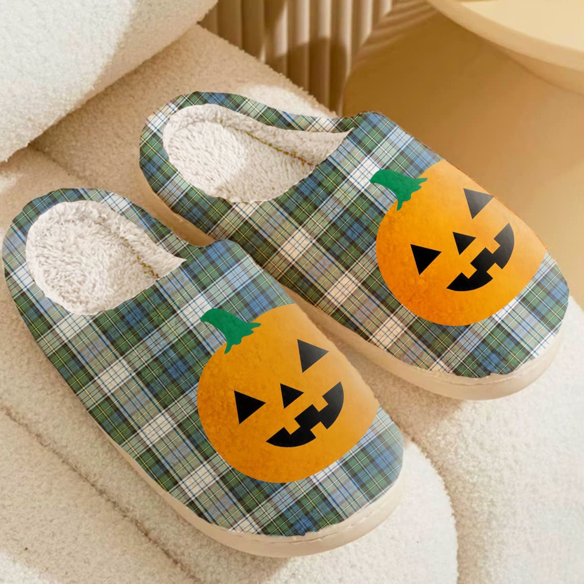 Clan Campbell Dress Ancient Tartan Halloween Pumpkin Slippers, Fluffy Spooky Slippers KL40 Campbell Dress Ancient Tartan Tartan Halloween   