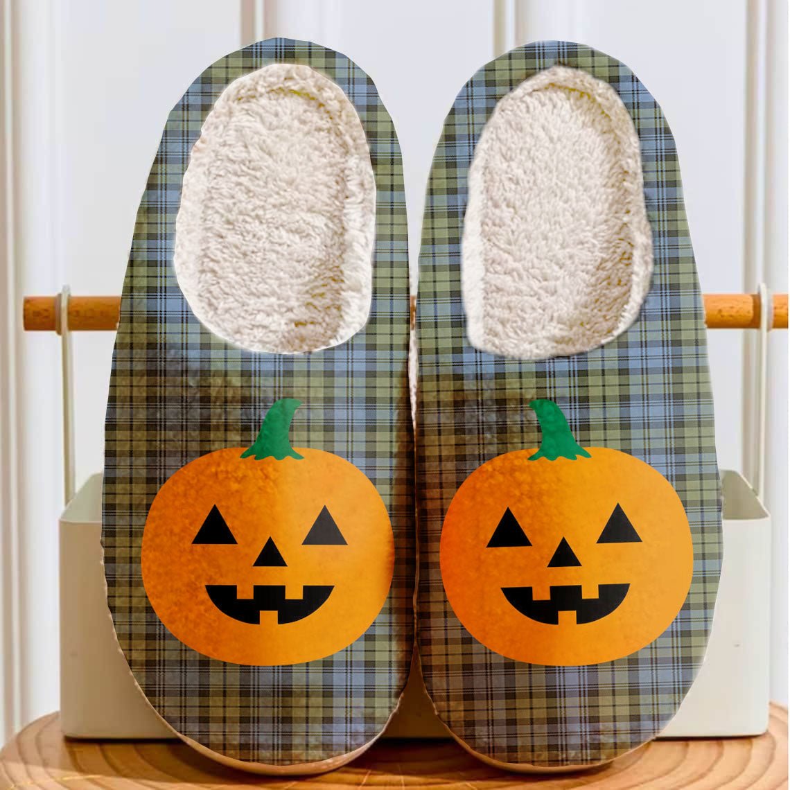 Clan Campbell Faded Tartan Halloween Pumpkin Slippers, Fluffy Spooky Slippers YH98 Campbell Faded Tartan Tartan Halloween   