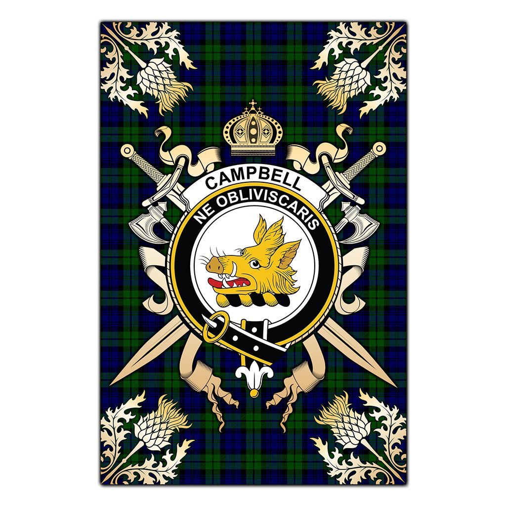 Clan Campbell Modern Tartan Crest Black Garden Flag  - Gold Thistle  RZ19 Clan Campbell Tartan Today   