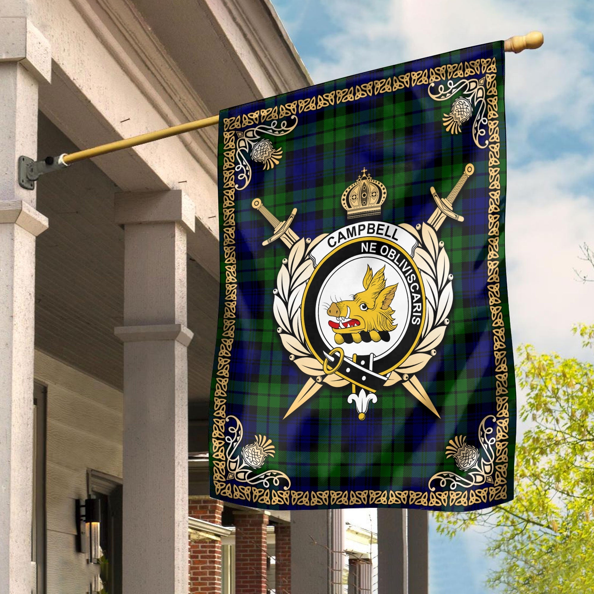 Clan Campbell Modern Tartan Crest Garden Flag  - Celtic Thistle  MO52 Clan Campbell Tartan Today   