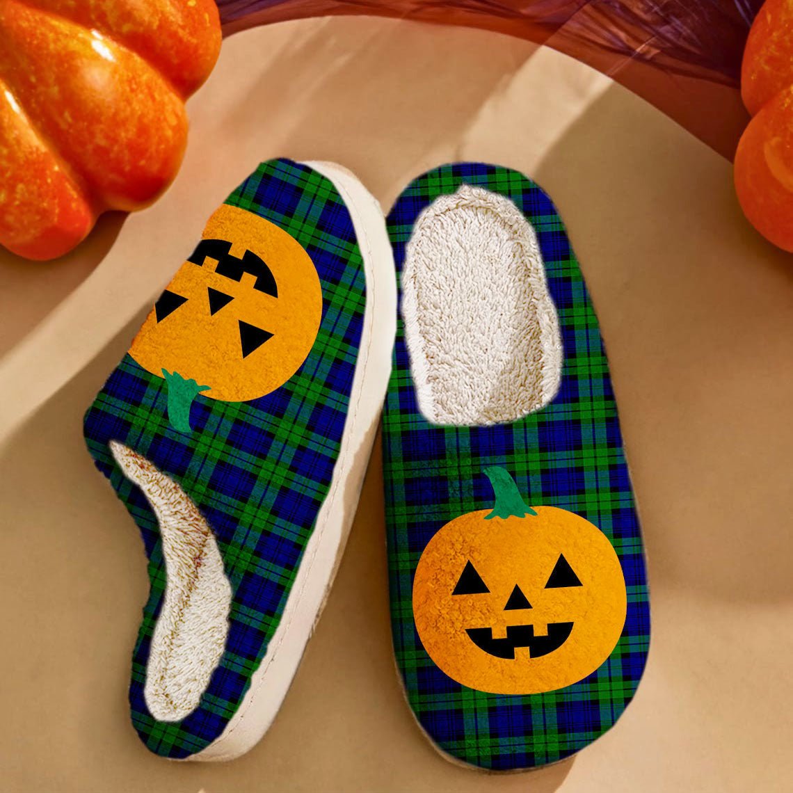 Clan Campbell Modern Tartan Halloween Pumpkin Slippers, Fluffy Spooky Slippers ZN78 Campbell Modern Tartan Tartan Halloween   