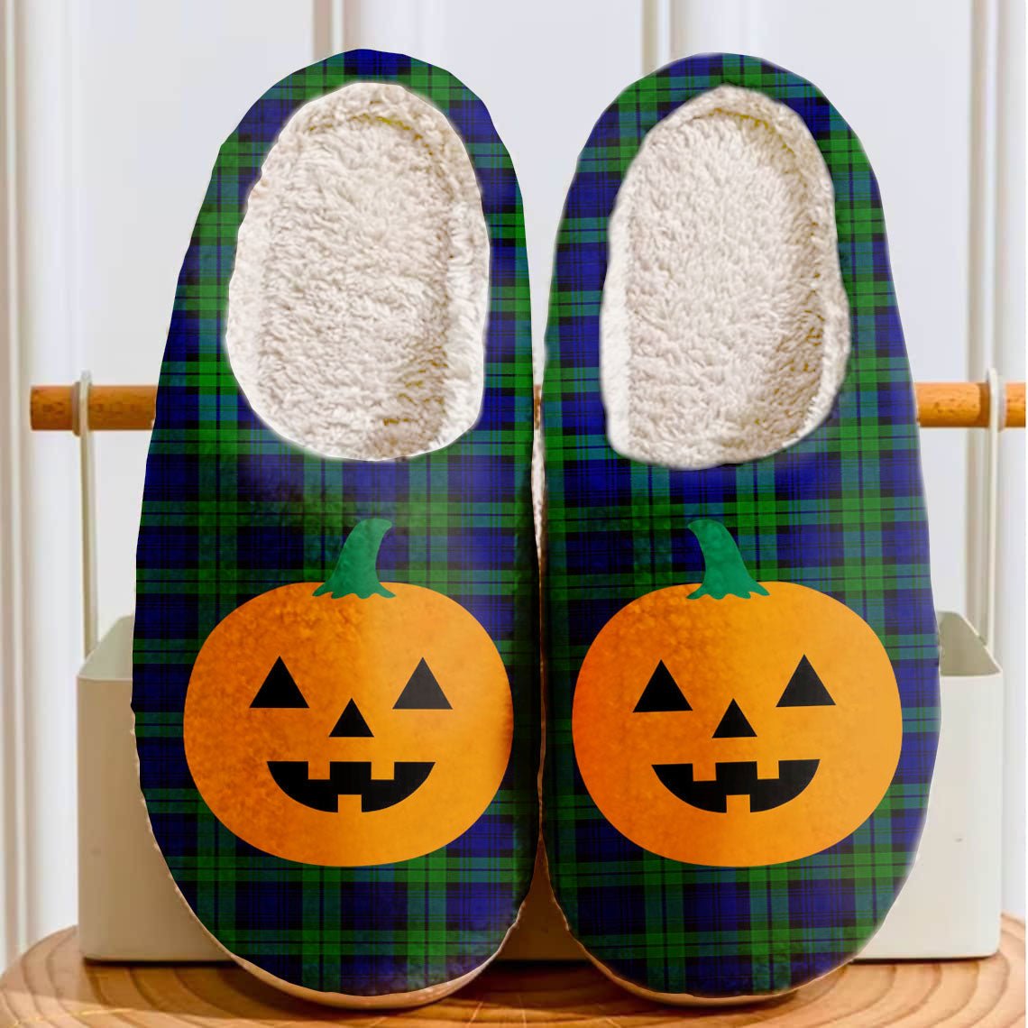 Clan Campbell Modern Tartan Halloween Pumpkin Slippers, Fluffy Spooky Slippers ZN78 Campbell Modern Tartan Tartan Halloween   