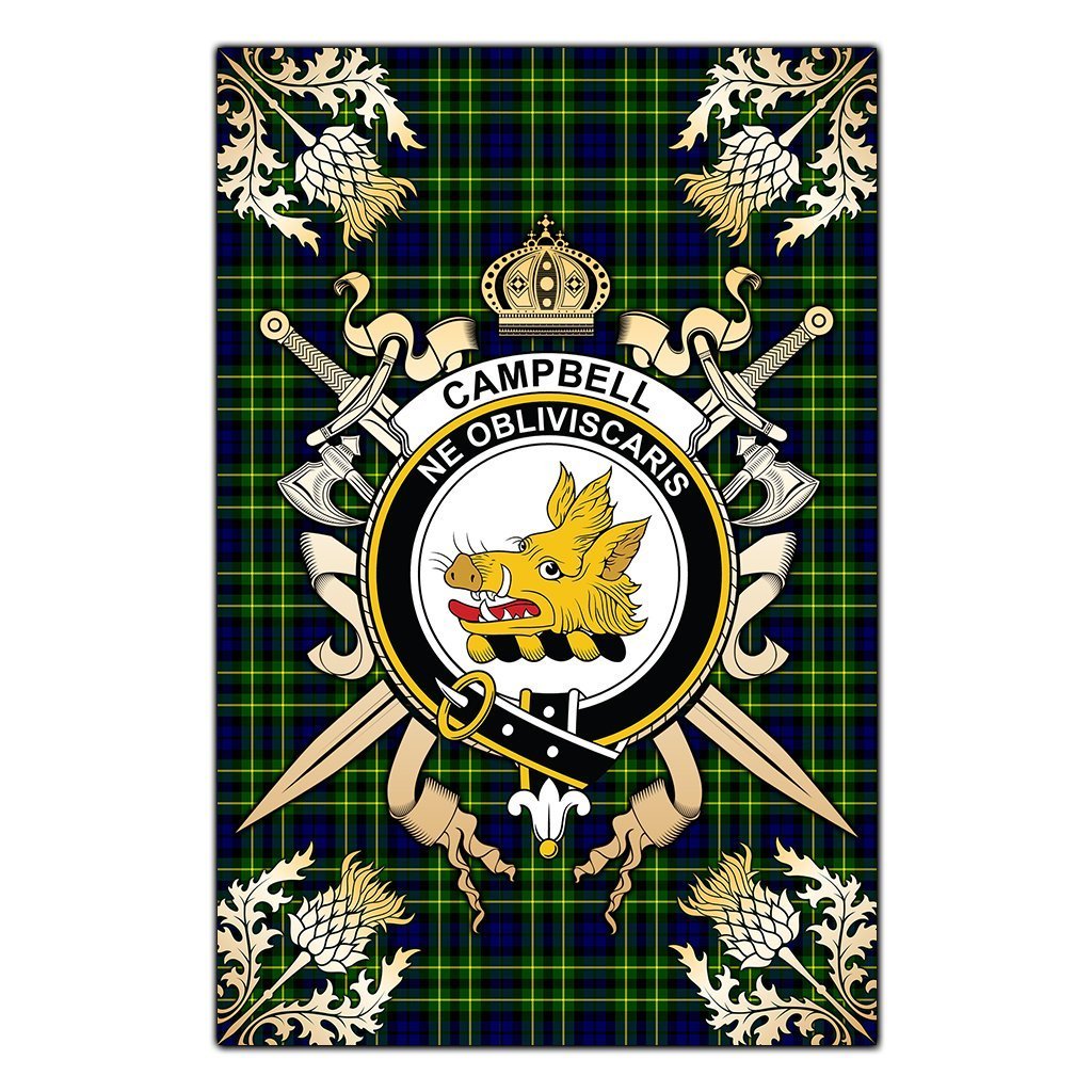 Clan Campbell of Breadalbane Modern Tartan Crest Black Garden Flag  - Gold Thistle  ZI75 Clan Campbell of Breadalbane Tartan Today   