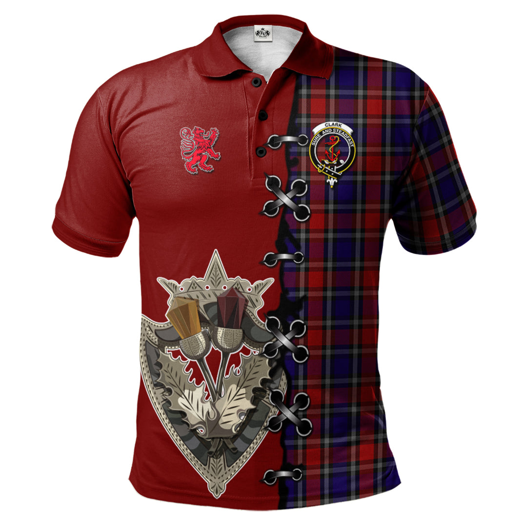 Clan Clark Red Tartan Polo Shirt - Lion Rampant And Celtic Thistle Style XI41 Clark Red Tartan Tartan Polo   