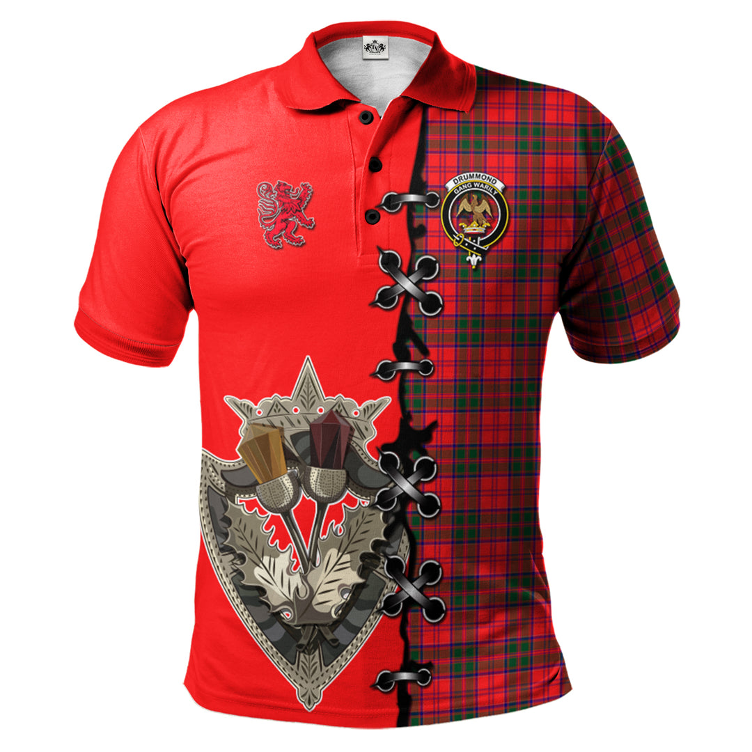 Clan Drummond Modern Tartan Polo Shirt - Lion Rampant And Celtic Thistle Style WC26 Drummond Modern Tartan Tartan Polo   