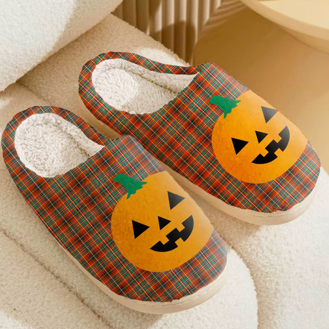 Clan Innes Ancient Tartan Halloween Pumpkin Slippers, Fluffy Spooky Slippers XB83 Innes Ancient Tartan Tartan Halloween   