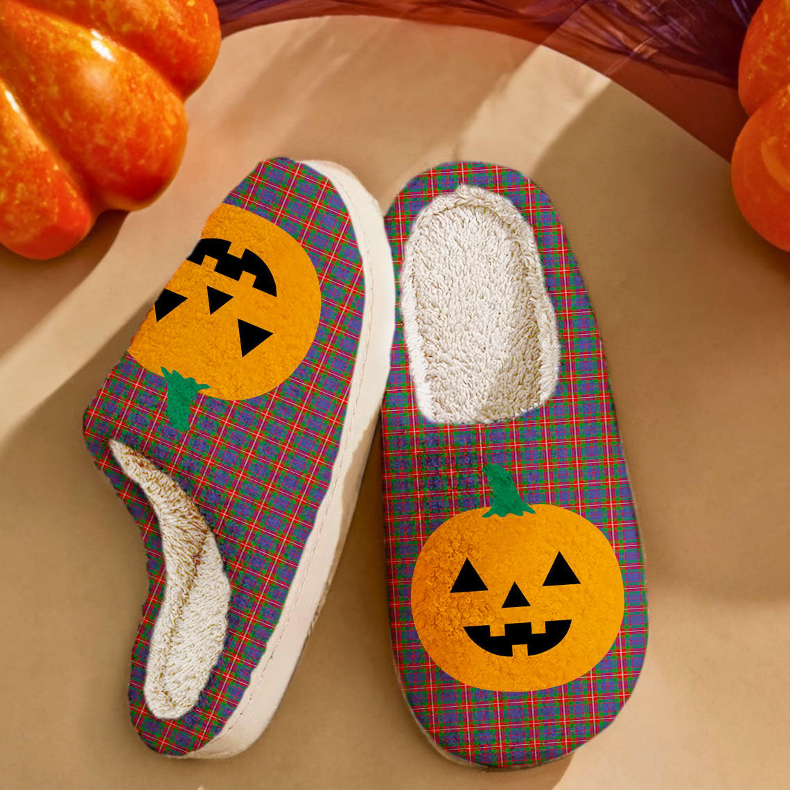 Clan Fraser of Lovat Tartan Halloween Pumpkin Slippers, Fluffy Spooky Slippers XG33 Fraser of Lovat Tartan Tartan Halloween   