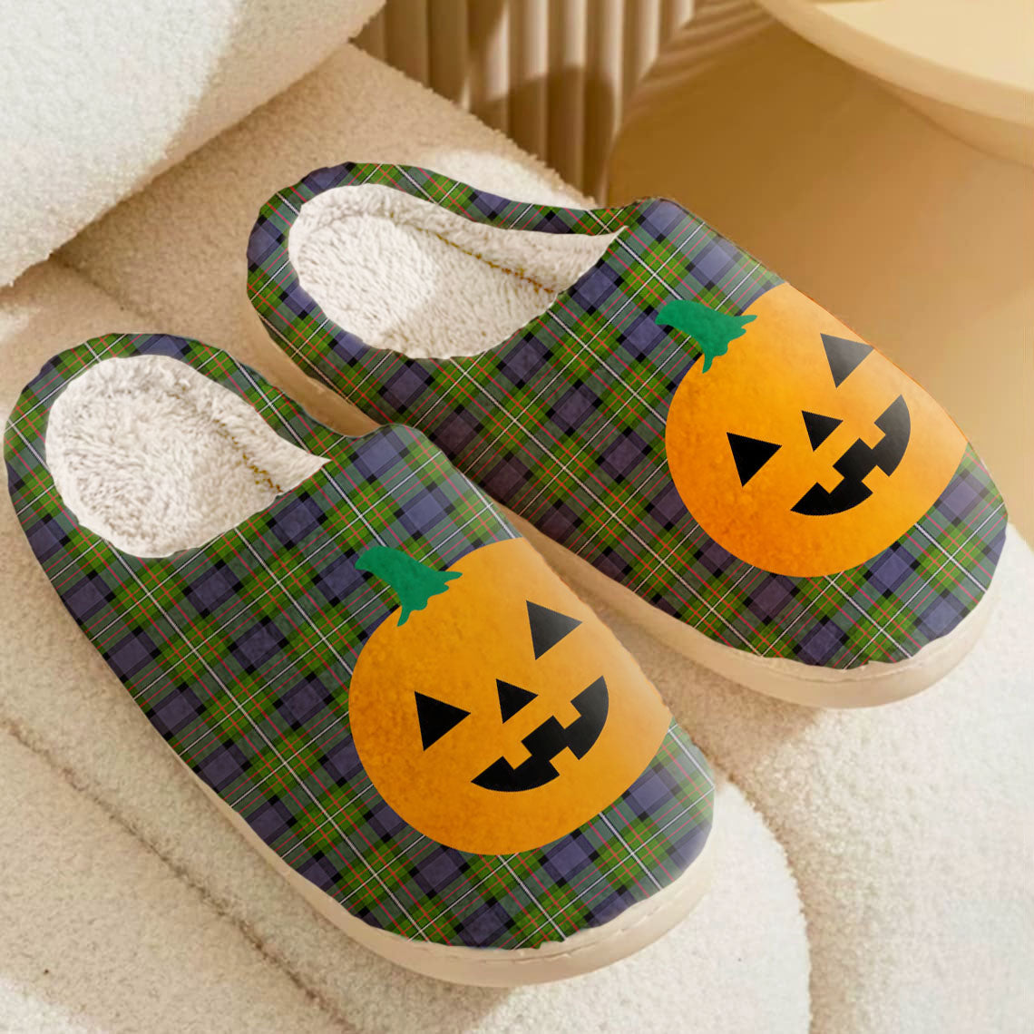 Clan Fergusson Modern Tartan Halloween Pumpkin Slippers, Fluffy Spooky Slippers OZ28 Fergusson Modern Tartan Tartan Halloween   