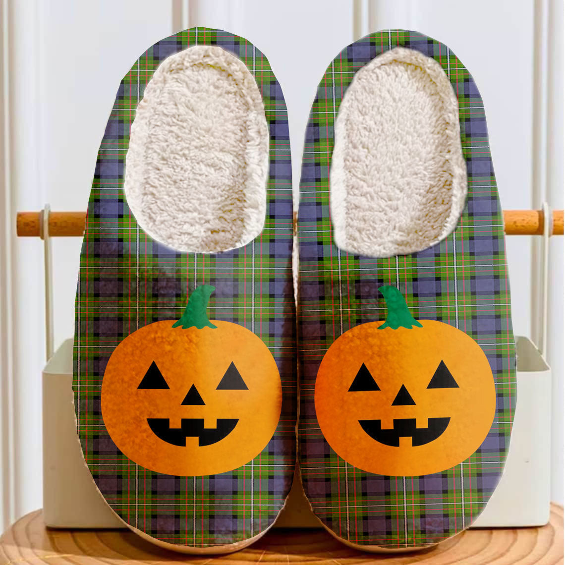 Clan Fergusson Modern Tartan Halloween Pumpkin Slippers, Fluffy Spooky Slippers OZ28 Fergusson Modern Tartan Tartan Halloween   