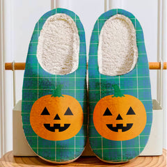 Clan Hamilton Hunting Ancient Tartan Halloween Pumpkin Slippers, Fluffy Spooky Slippers JR12 Hamilton Hunting Ancient Tartan Tartan Halloween   