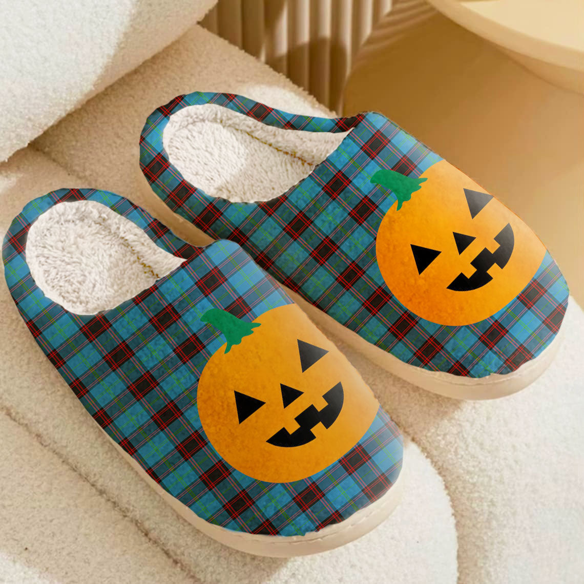 Clan Home Ancient Tartan Halloween Pumpkin Slippers, Fluffy Spooky Slippers ZL52 Home Ancient Tartan Tartan Halloween   