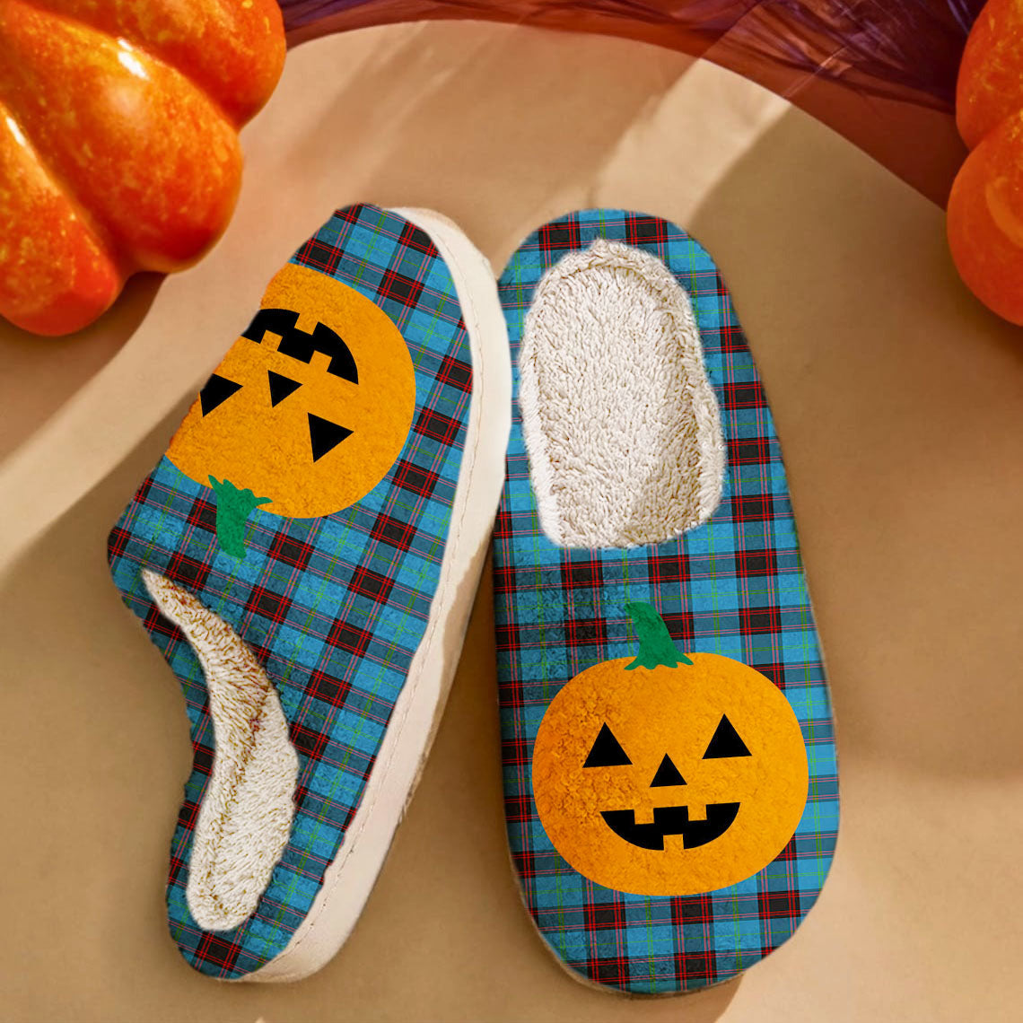 Clan Home Ancient Tartan Halloween Pumpkin Slippers, Fluffy Spooky Slippers ZL52 Home Ancient Tartan Tartan Halloween   