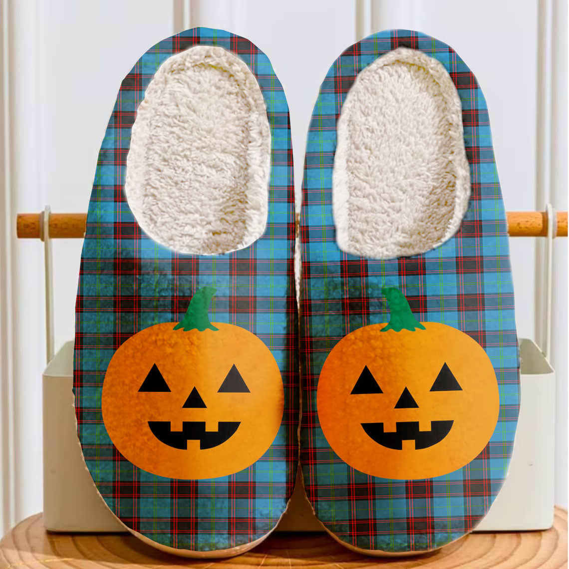 Clan Home Ancient Tartan Halloween Pumpkin Slippers, Fluffy Spooky Slippers ZL52 Home Ancient Tartan Tartan Halloween   