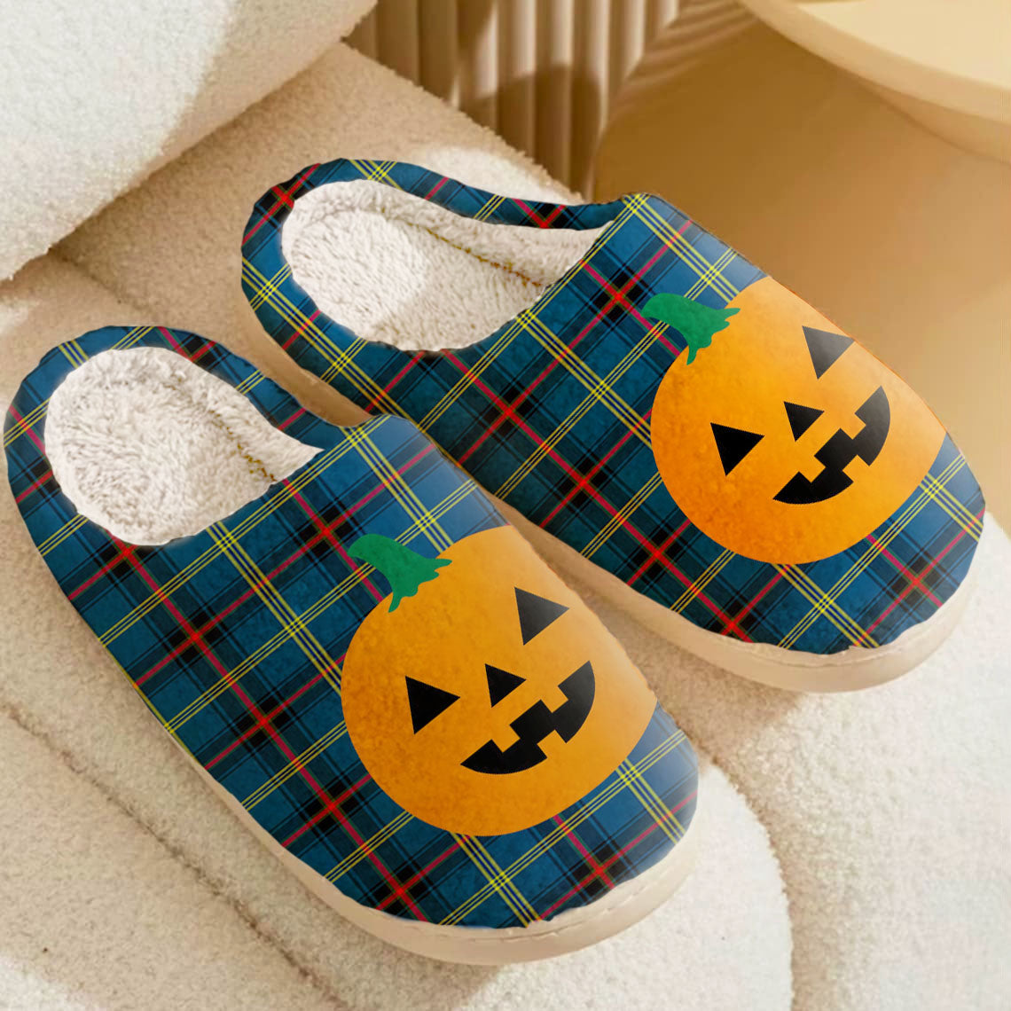 Clan Grewar Tartan Halloween Pumpkin Slippers, Fluffy Spooky Slippers QD93 Grewar Tartan Tartan Halloween   