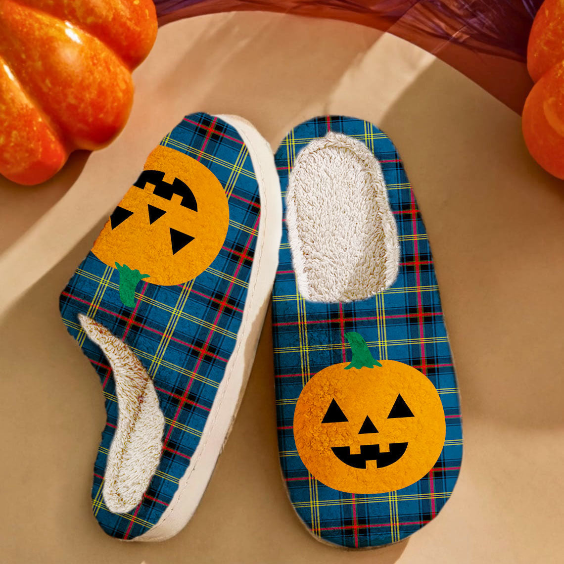 Clan Grewar Tartan Halloween Pumpkin Slippers, Fluffy Spooky Slippers QD93 Grewar Tartan Tartan Halloween   