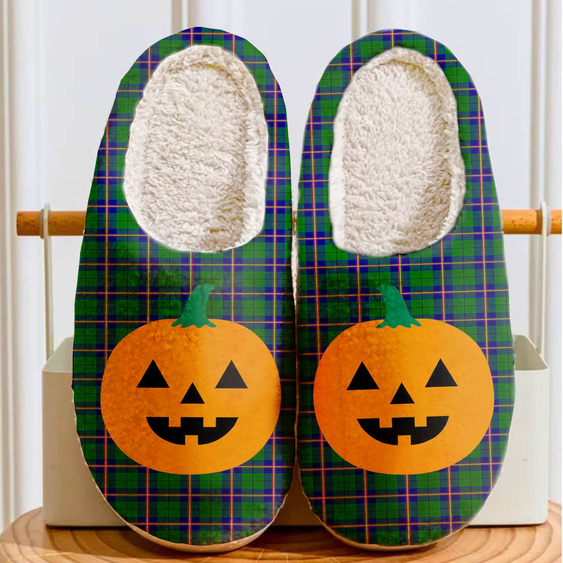 Clan Carmichael Modern Tartan Halloween Pumpkin Slippers, Fluffy Spooky Slippers BH82 Carmichael Modern Tartan Tartan Halloween   