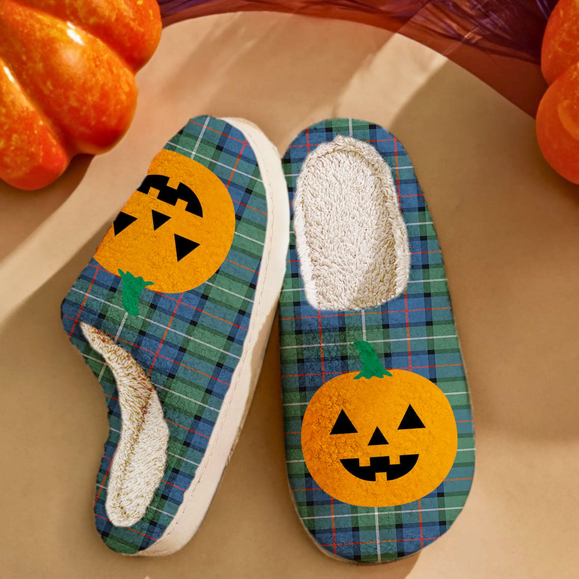 Clan Davidson of Tulloch Tartan Halloween Pumpkin Slippers, Fluffy Spooky Slippers OW36 Davidson of Tulloch Tartan Tartan Halloween   