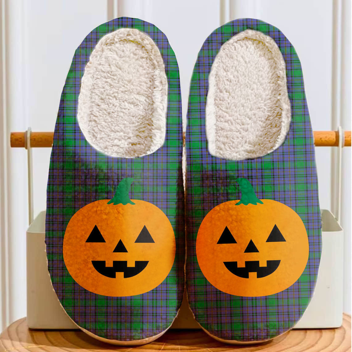 Clan Hope Tartan Halloween Pumpkin Slippers, Fluffy Spooky Slippers PO20 Hope Tartan Tartan Halloween   