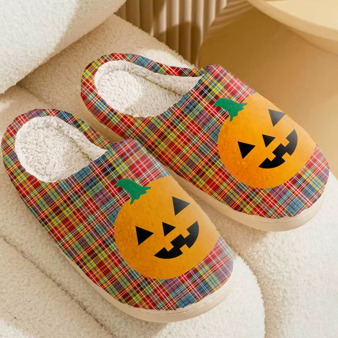 Clan Drummond of Strathallan Tartan Halloween Pumpkin Slippers, Fluffy Spooky Slippers AJ77 Drummond of Strathallan Tartan Tartan Halloween   