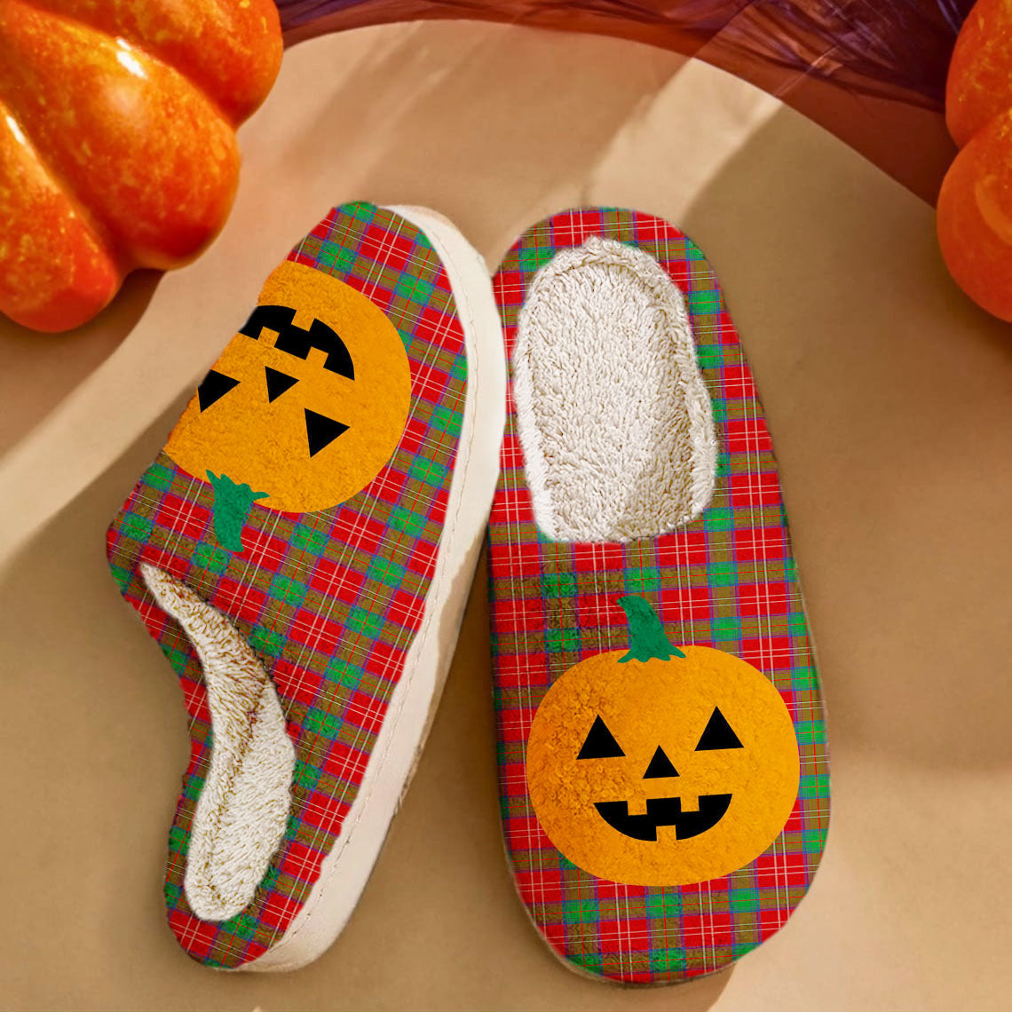 Clan Chisholm Tartan Halloween Pumpkin Slippers, Fluffy Spooky Slippers KB32 Chisholm Tartan Tartan Halloween   