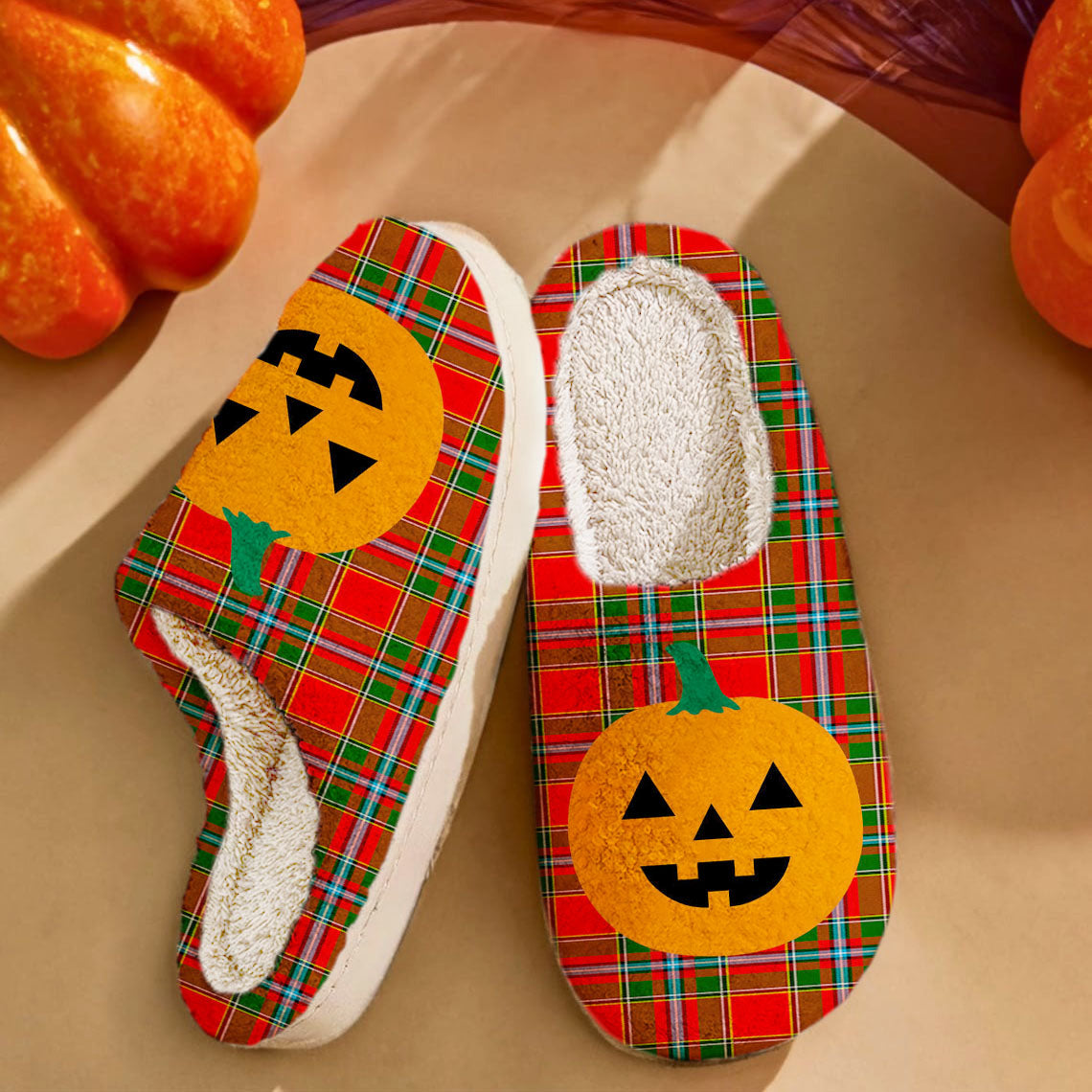 Clan Drummond of Perth Tartan Halloween Pumpkin Slippers, Fluffy Spooky Slippers GR98 Drummond of Perth Tartan Tartan Halloween   