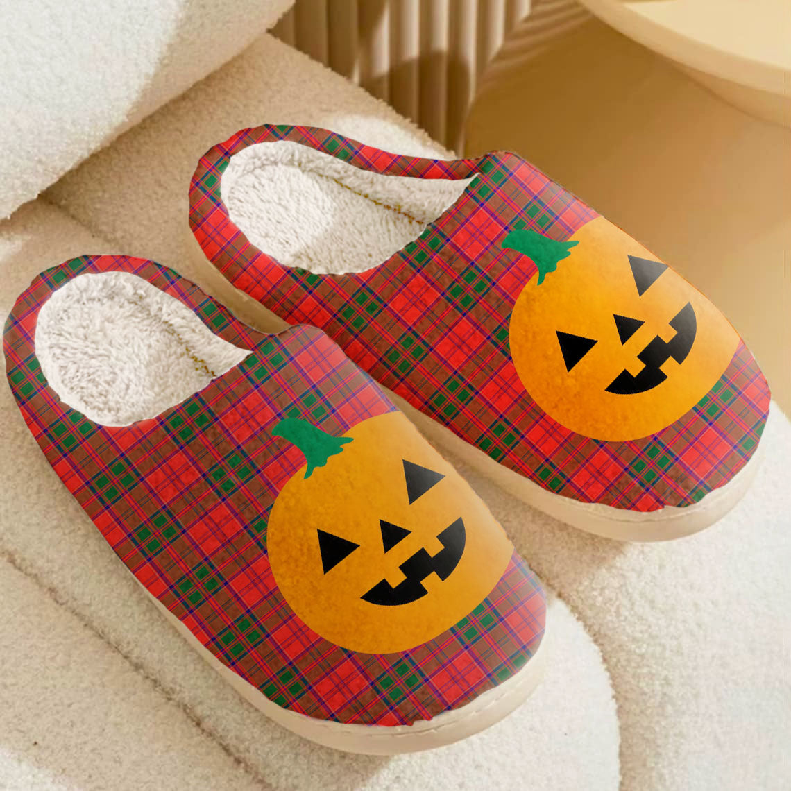 Clan Drummond Modern Tartan Halloween Pumpkin Slippers, Fluffy Spooky Slippers KO39 Drummond Modern Tartan Tartan Halloween   