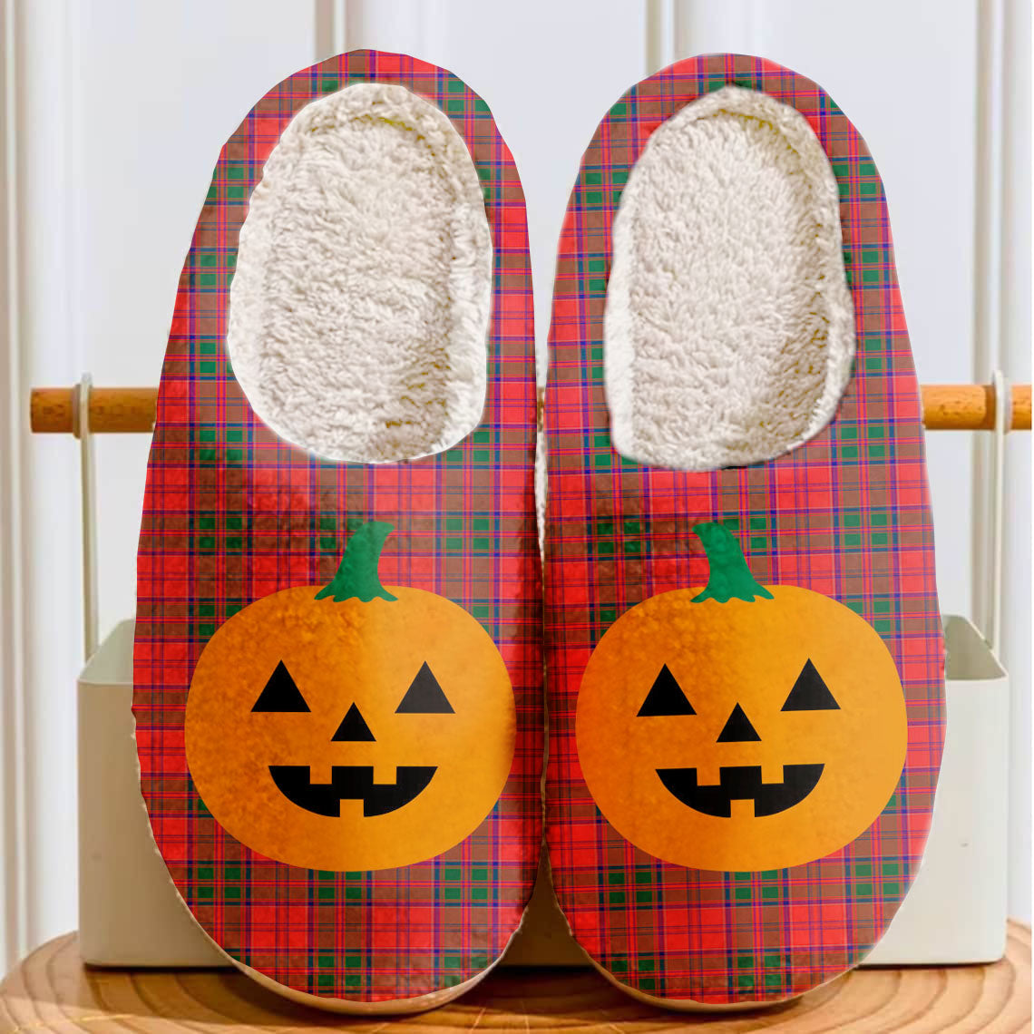 Clan Drummond Modern Tartan Halloween Pumpkin Slippers, Fluffy Spooky Slippers KO39 Drummond Modern Tartan Tartan Halloween   