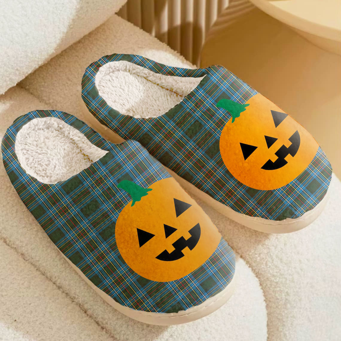 Clan Cockburn Modern Tartan Halloween Pumpkin Slippers, Fluffy Spooky Slippers XN89 Cockburn Modern Tartan Tartan Halloween   